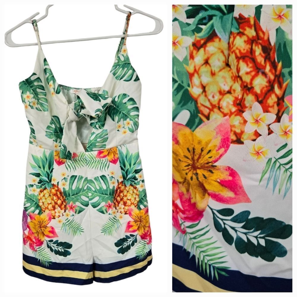 Tropical Floral Pineapple Romper Cutout Bow Tie Summer Playsuit Buckle Euro Glam - Picture 12 of 15